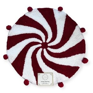 Warm Wishes Holiday Bath Rug Red White Peppermint Swirl Pom Pom 26in Round NEW